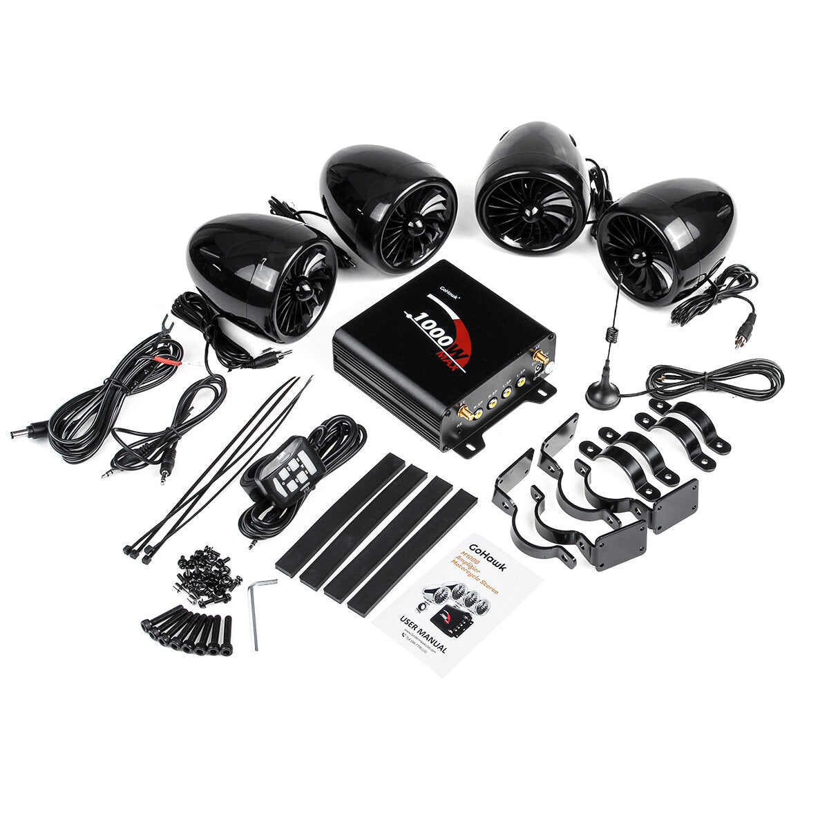 1000W Waterproof Bluetooth Amplifier with 4 Speakers for ATV, UTV, Motorcycle, Electric Bike, Marine, Boat Audio System