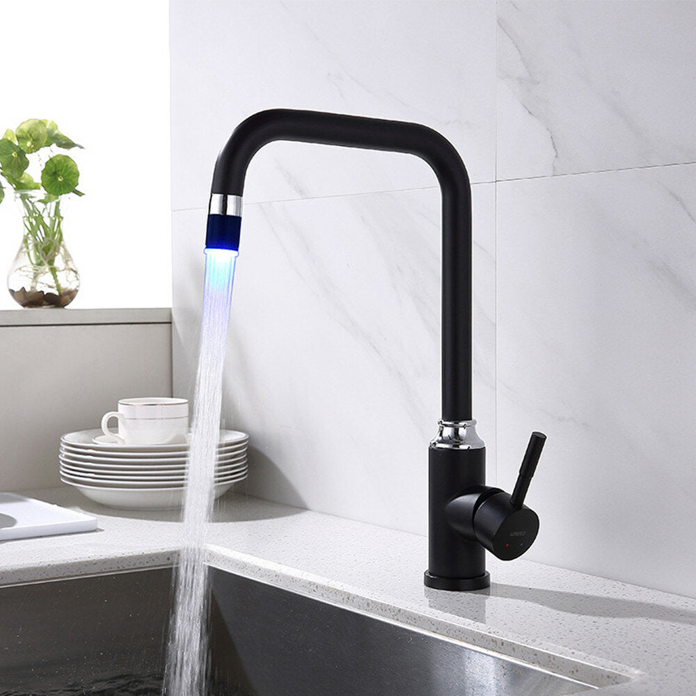 Intelligent Anti-Scald LED 3-Color Matte Black Swivel Kitchen Faucet Tap, Solid Brass Mixer for Basin Sink