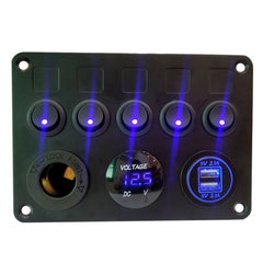 12-24V Universal 5-Gang Rocker Switch Panel with USB Charger, LED Voltmeter, Waterproof for Car, Truck, Boat, Marine