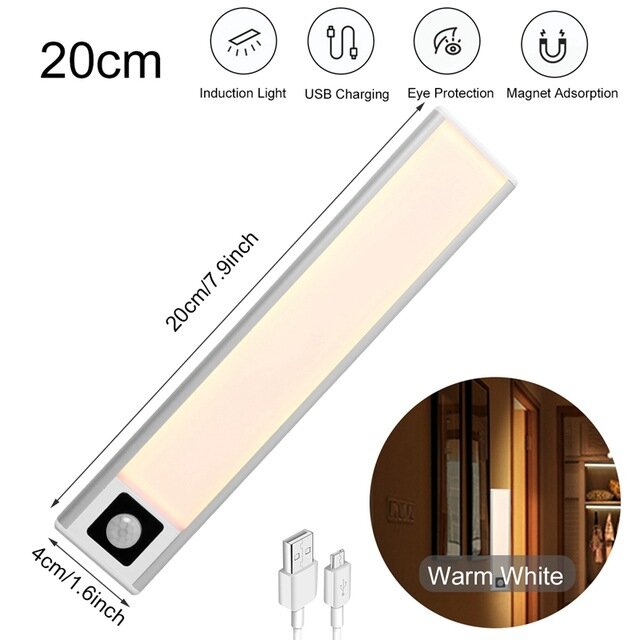 Über USB wiederaufladbares LED-Nachtlicht – 20/40/60 cm Körpersensorstreifen für Schlafzimmer, Kleiderschrank, Bücherregal, Treppe