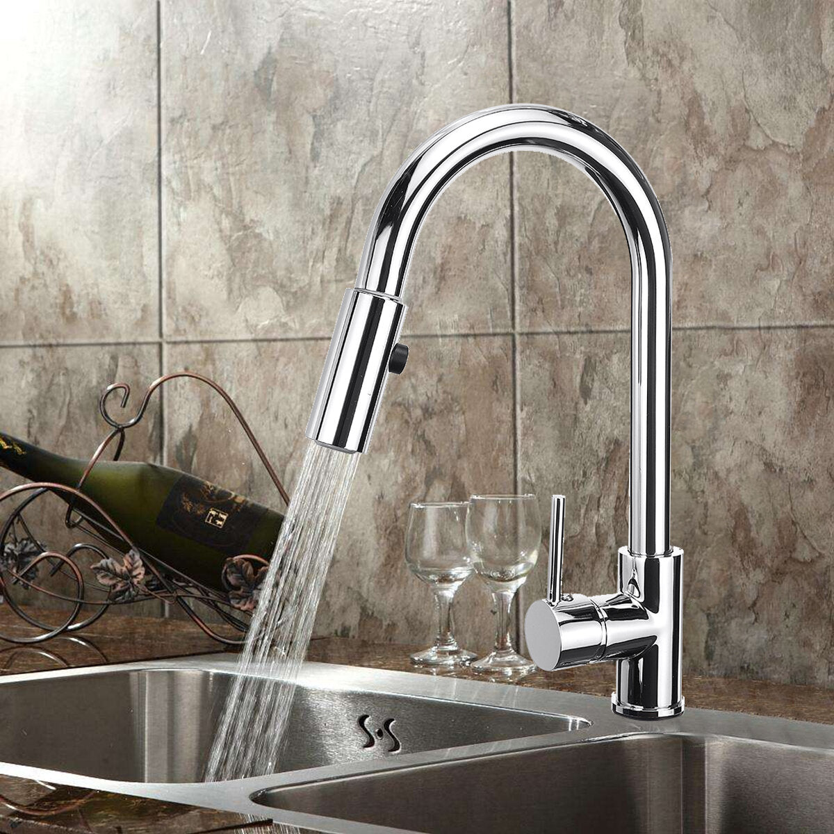 Modern Single Handle Kitchen Sink Faucet with Pull Down Sprayer - Hot and Cold Mixer Tap