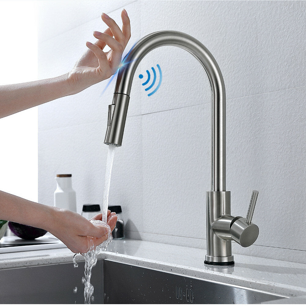 Brushed Nickel Stainless Steel Kitchen Faucet with 360 Degree Rotation, Smart Touch Sensor, Pull-Out Hot/Cold Water Tap