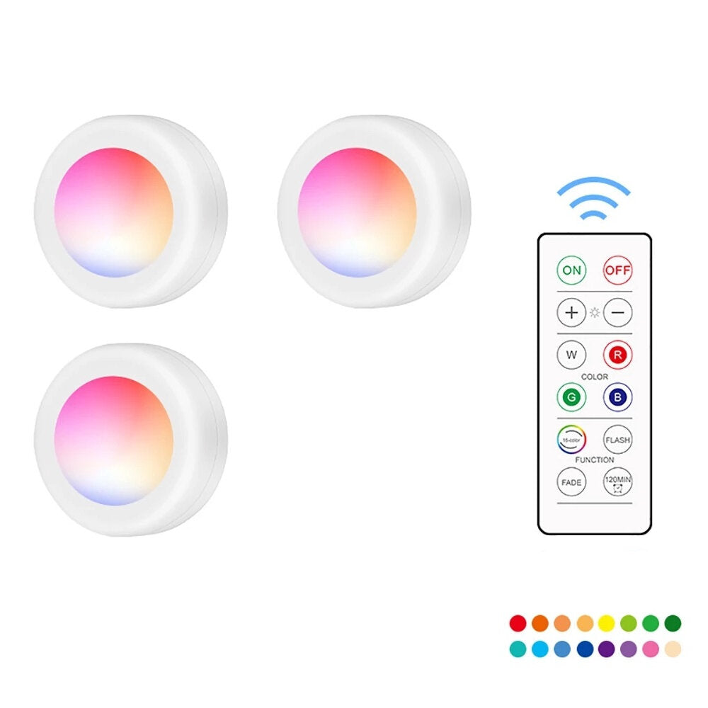 3PCS RGB LED Night Light - 16 Colors, Wireless Remote, Touch Control, AAA Battery Powered, Timer Function