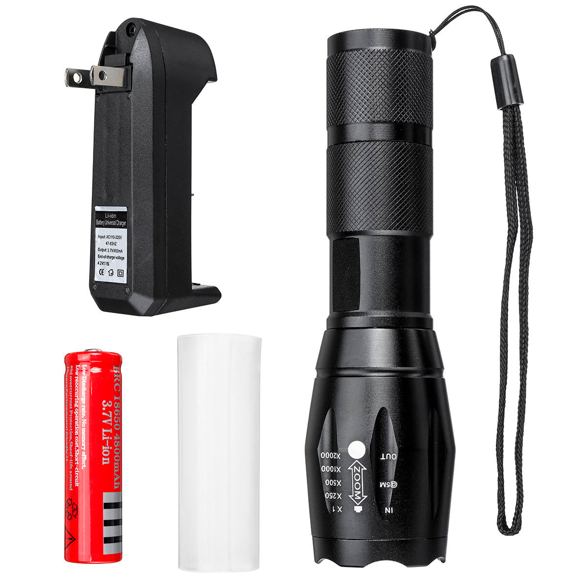 10W Rechargeable LED Flashlight - 5 Modes Tactical Torch with 18650 Battery, US/EU/UK Plug