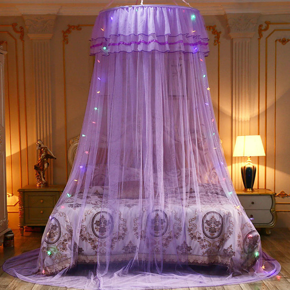 Princess Dome Mosquito Net Bed Canopy with Lace and LED Lights - Bedroom Decor