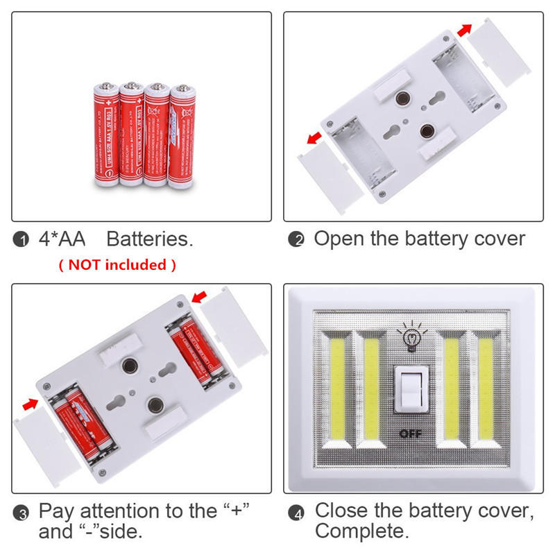 Battery Powered 4 COB LED Night Light Wall Switch, Self-Stick, 6000K White, Bright for Closet