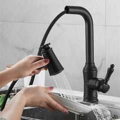 Brass Kitchen Sink Faucet with Pull-Out Sprayer, Hot & Cold Water Mixer, 360 Degree Swivel, Two Modes, Includes Hose