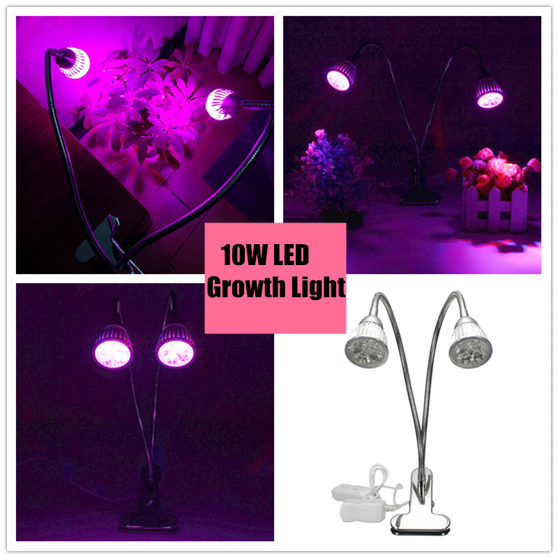 10W Dual Head Full Spectrum LED Grow Light Clip Kit for Indoor Plants, Hydroponics, US Plug 110-240V