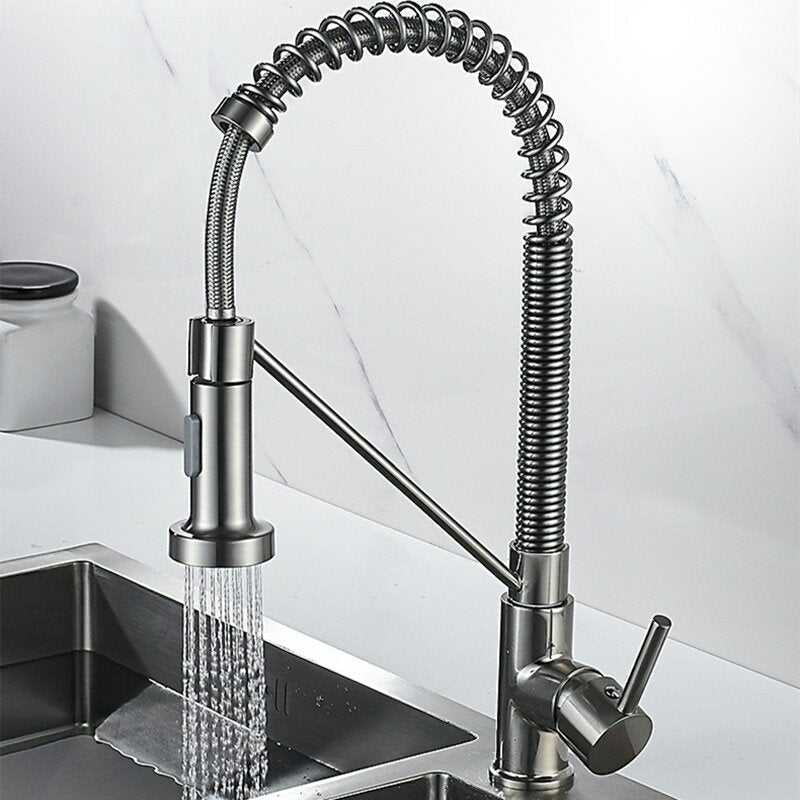 Solid Brass Kitchen Sink Faucet - Single Handle, Pull Down Sprayer, Spring Spout, Two Water Modes