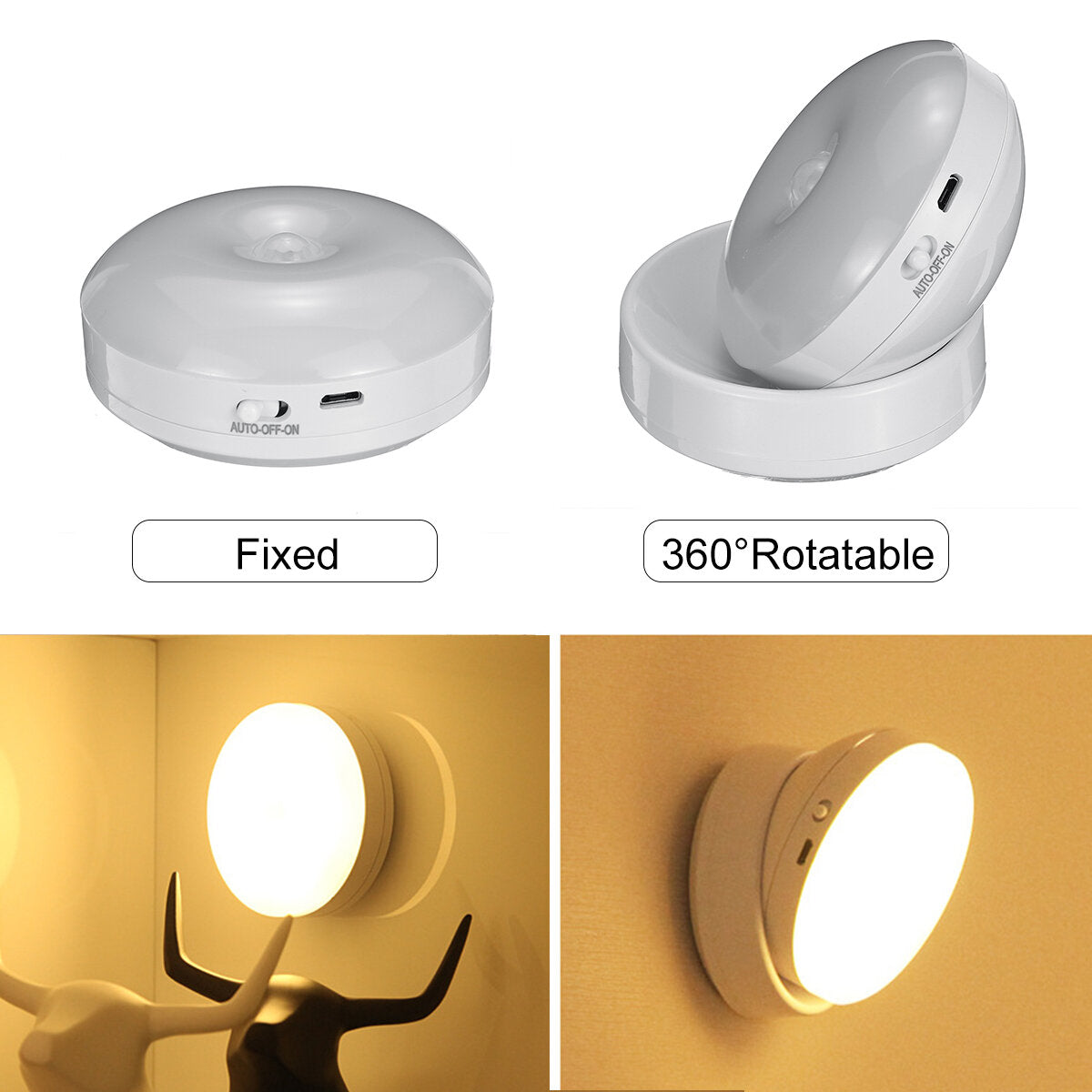 360 Degree Rotation LED Motion Sensor Night Light, USB Rechargeable for Stairs & Bedroom