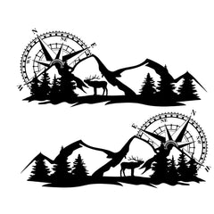 2pcs Set Large Compass Navigation & Mountain Deer Body Sticker Decals for Camper Van, Motorhome, Boat, Motorcycle