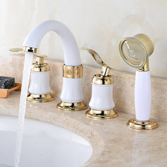 4PCS Widespread Bathroom Faucet with 2 Handles, Brass Basin Water Mixer Tap & Showerhead