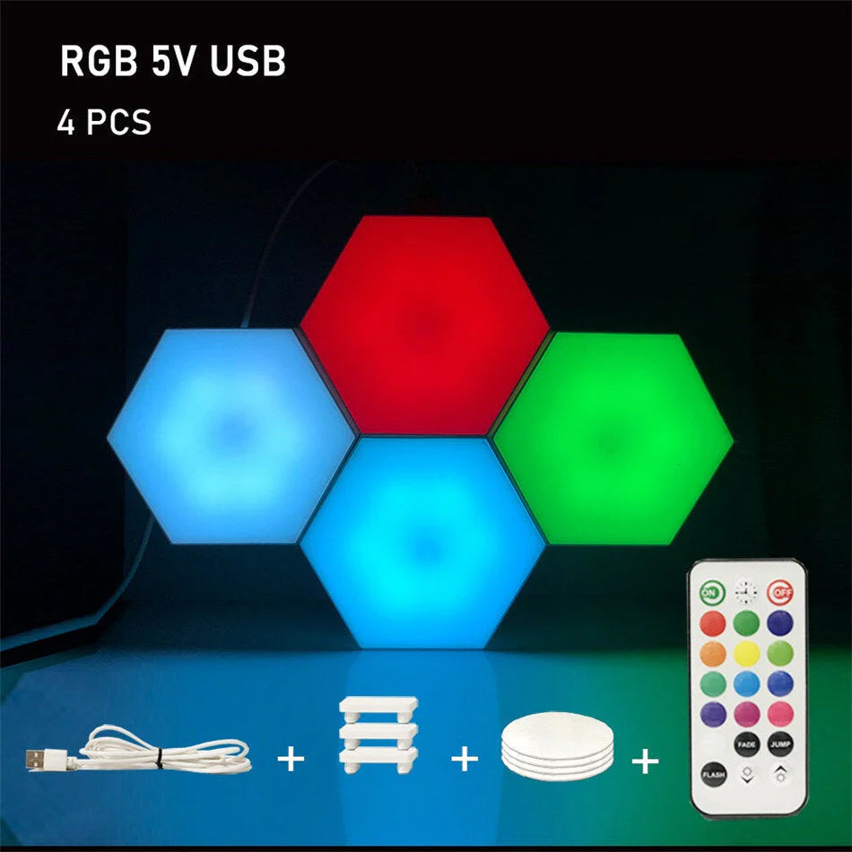 Hexagon RGB LED Lamp with Touch Sensor, USB, Remote Control - Colorful Night Light, RGBW Honeycomb Design