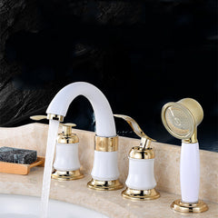 4PCS Widespread Bathroom Faucet with 2 Handles, Brass Basin Water Mixer Tap & Showerhead