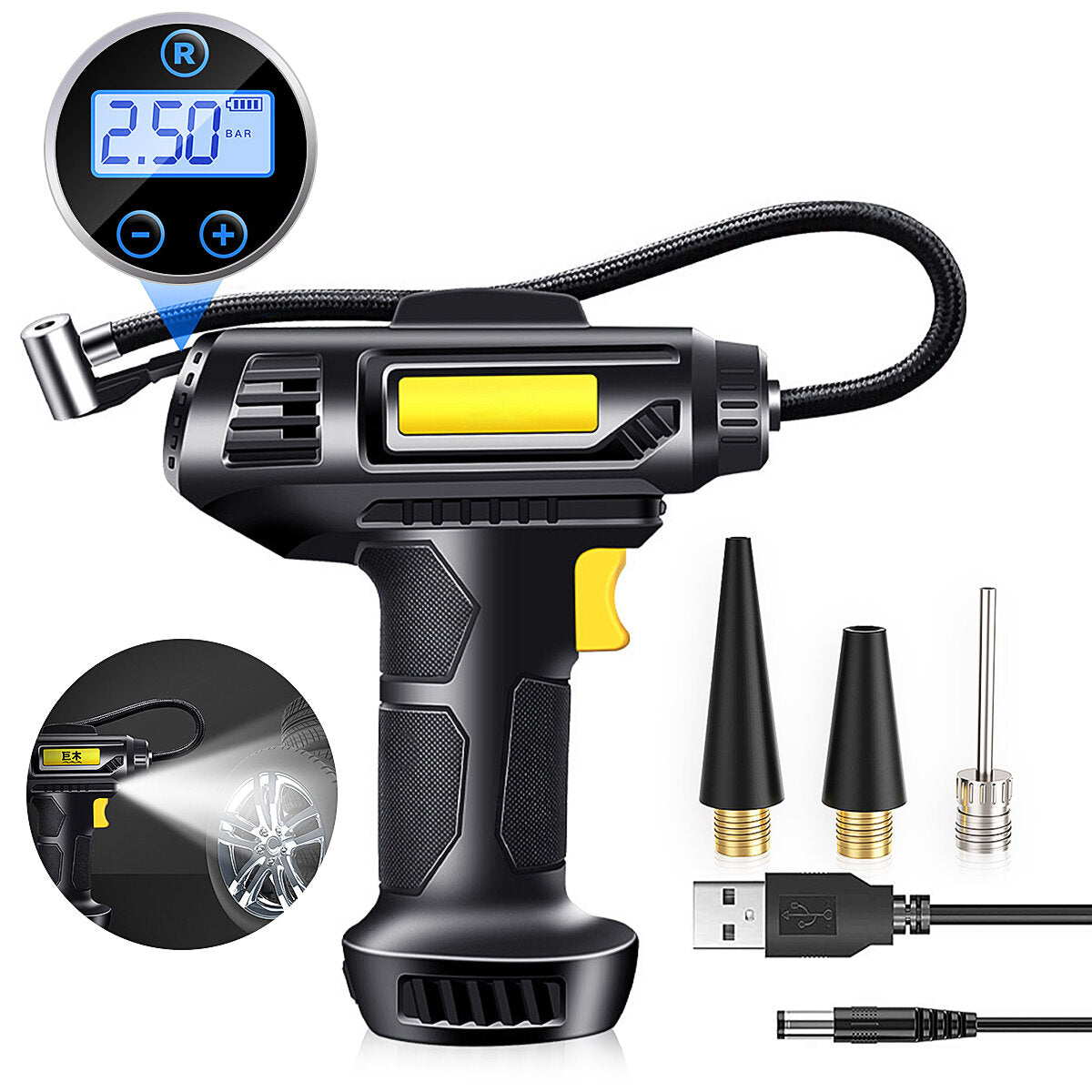 120W 12V Tire Inflator Car Pump Air Compressor - Wired/Wireless with Nozzles