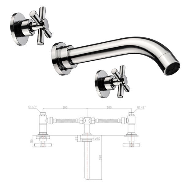 Modern Chrome Brass Wall Mounted 3-Hole Bath Faucet Tap