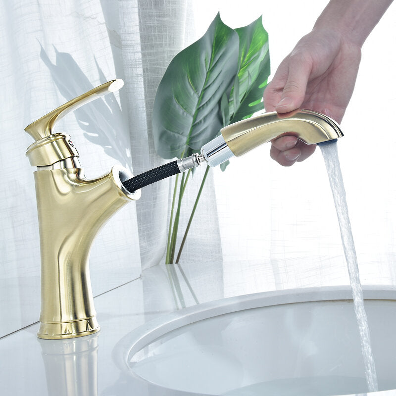 Copper Bathroom Basin Faucet with Pull-Out Spring Sprayer, Hot and Cold Water, Single Hole Deck Mount Mixer