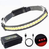 Rechargeable COB LED Headlamp - Built-in Battery, Waterproof, White & Red Light for Camping & Work