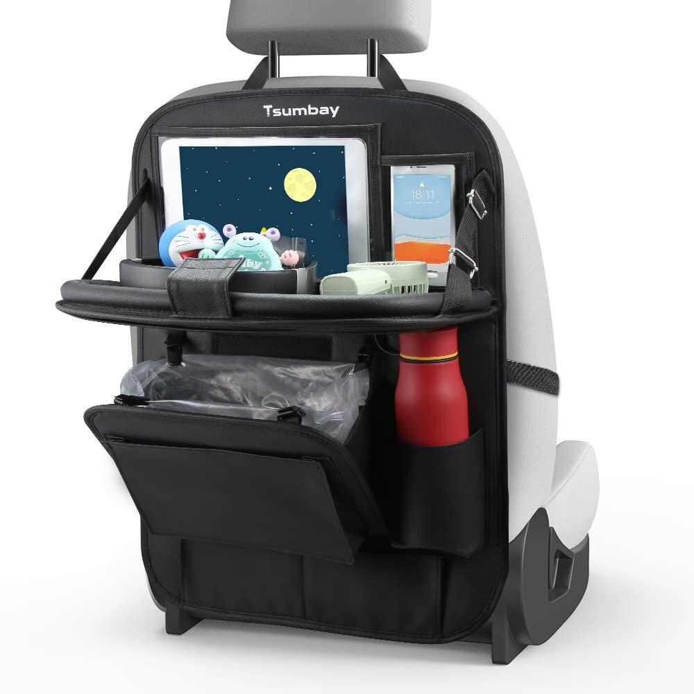 Tsumbay Car Back Seat Organizer with Trash Can, Table Tray, and Storage Pockets