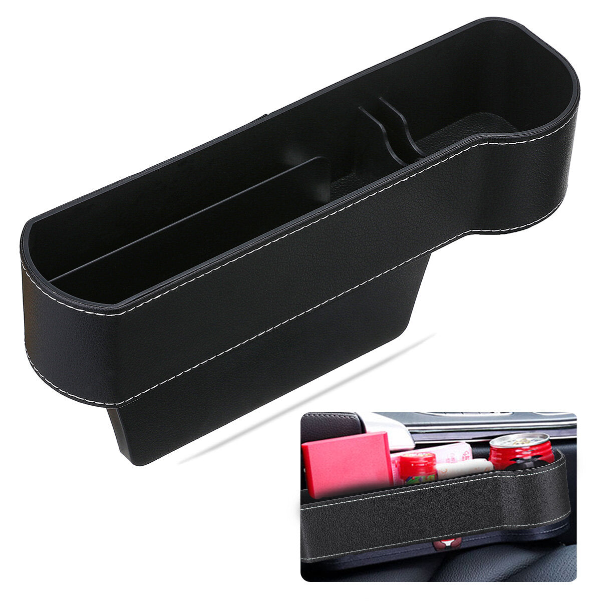 Car Seat Gap Filler Storage Box - Black with Red Stitches for Driver & Co-pilot, Holds Phone, Snacks, Drinks