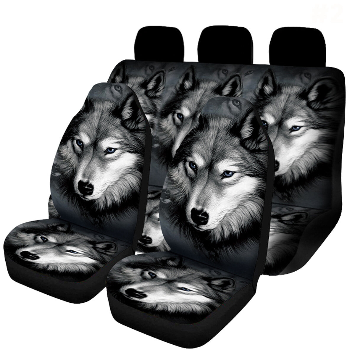 7-teiliges Set mit Autositzbezügen mit Wolfs-Print – universelle Passform für SUV, Vordersitzschutz