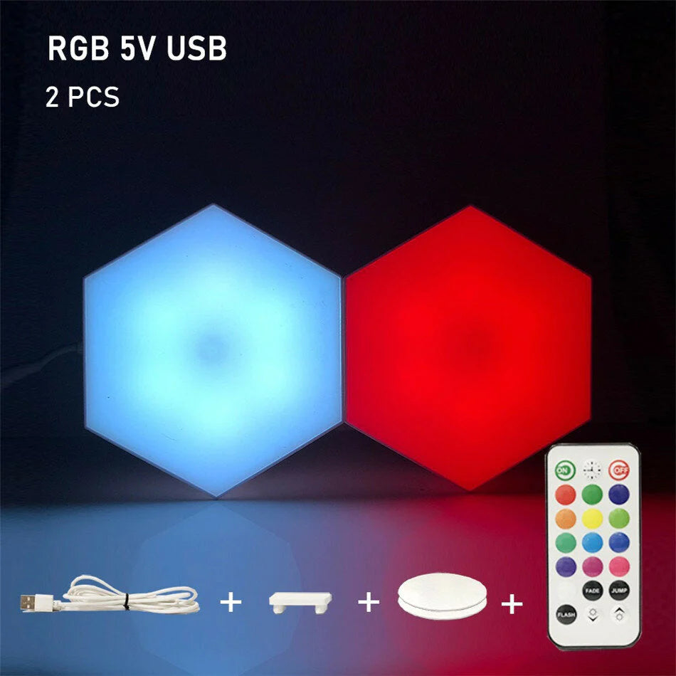 Sechseckige RGB-LED-Lampe mit Berührungssensor, USB, Fernbedienung – buntes Nachtlicht, RGBW-Wabendesign