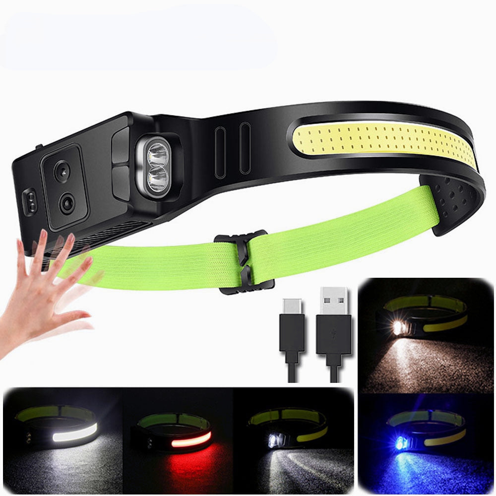 USB Rechargeable LED Headlamp with Full Vision Sensor and Built-in Battery for Camping and Fishing