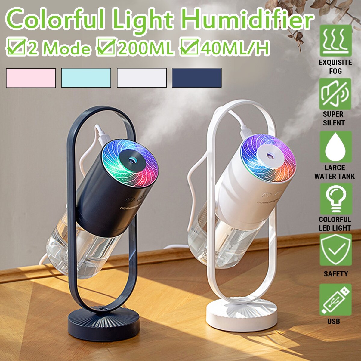 3.5W 200ML Ultrasonic Electric Air Diffuser & Humidifier with USB Rotatable LED Night Light