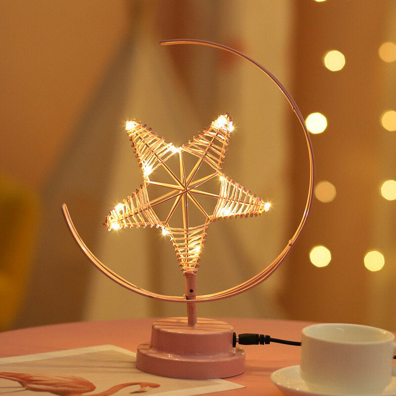 Battery/USB Powered Star Moon Night Light Desk Lamp - Warm Light, Black/Pink, Perfect Birthday Gift