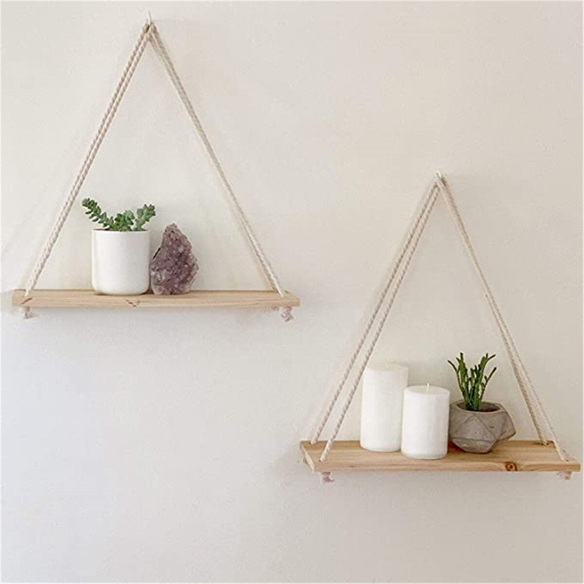 Wooden Hanging Swing Shelf - Floating Rope Wall Display Rack for Home Decor