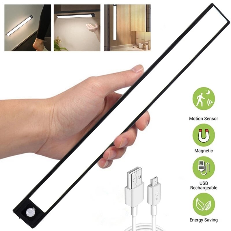 Über USB wiederaufladbares LED-Nachtlicht – 20/40/60 cm Körpersensorstreifen für Schlafzimmer, Kleiderschrank, Bücherregal, Treppe
