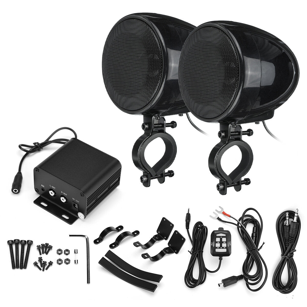 300W 4" Silver/Black Motorcycle Bluetooth Speakers, FM Radio, Waterproof Stereo for ATV/UTV/Cart