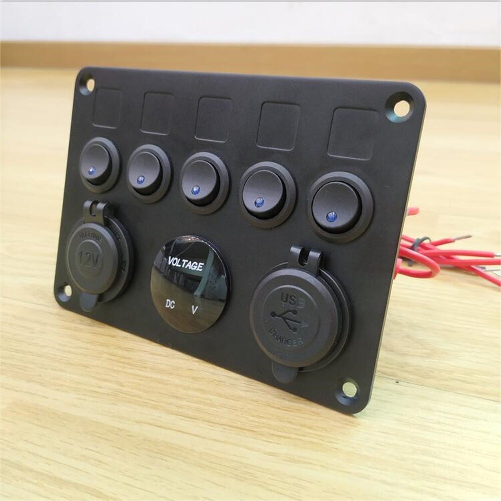 12-24V Universal 5-Gang Rocker Switch Panel with USB Charger, LED Voltmeter, Waterproof for Car, Truck, Boat, Marine