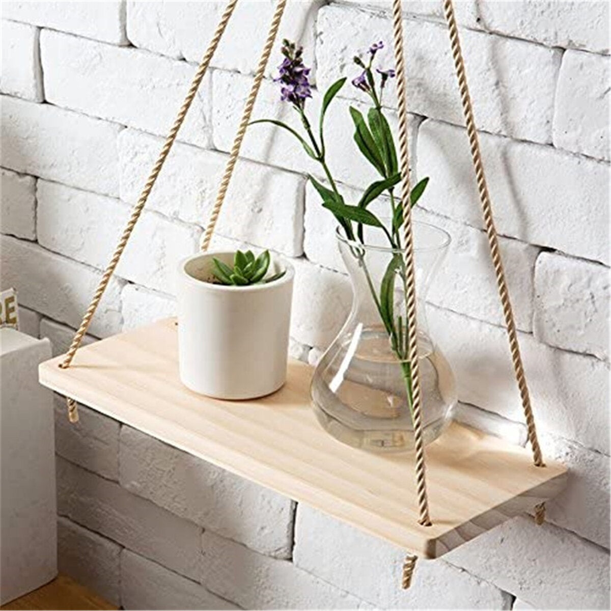 Wooden Hanging Swing Shelf - Floating Rope Wall Display Rack for Home Decor