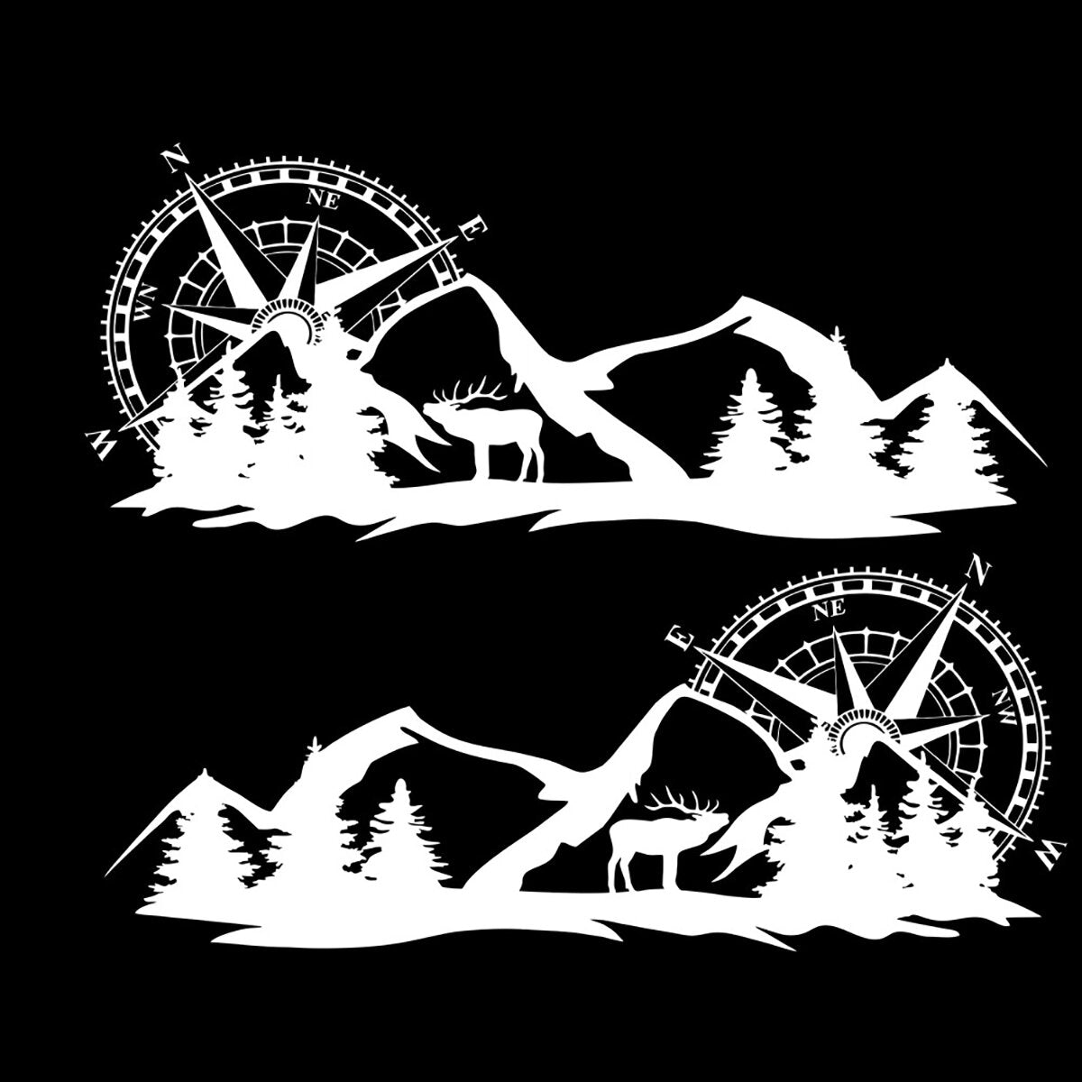 2pcs Set Large Compass Navigation & Mountain Deer Body Sticker Decals for Camper Van, Motorhome, Boat, Motorcycle