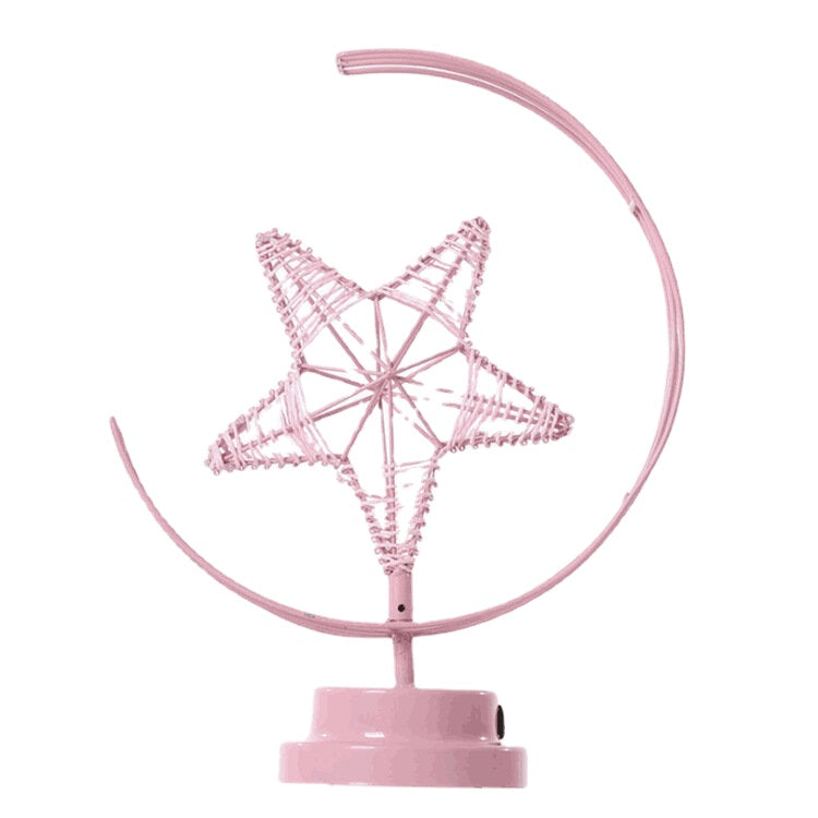 Battery/USB Powered Star Moon Night Light Desk Lamp - Warm Light, Black/Pink, Perfect Birthday Gift