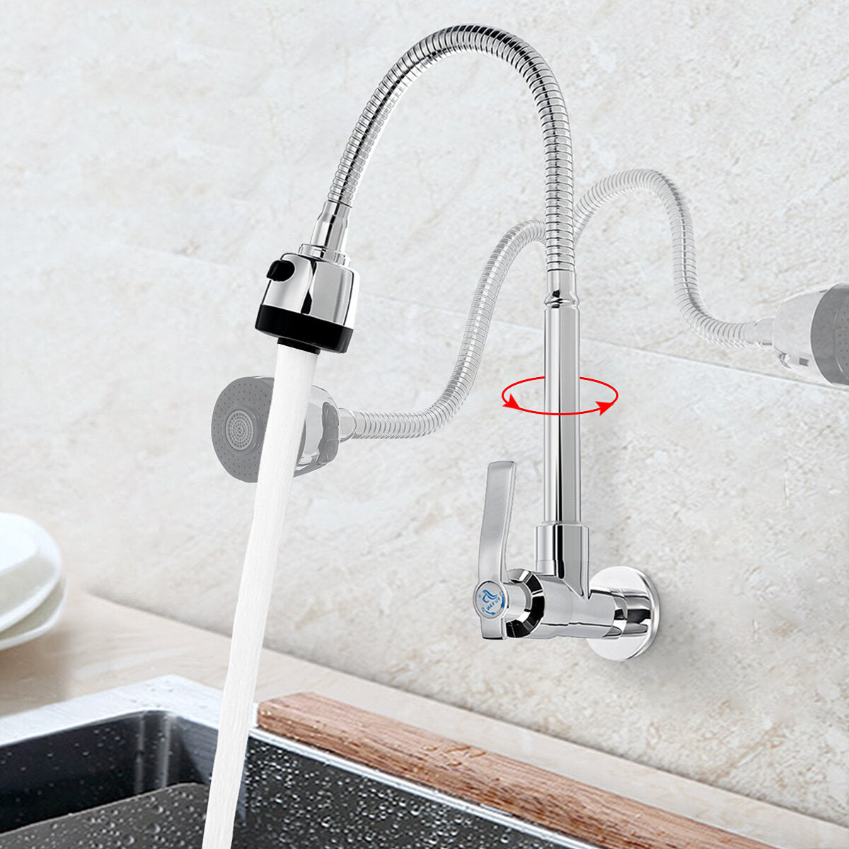 360 Degree Rotating Brass Kitchen Sink Faucet - Single Cold Tap, Wall Mount