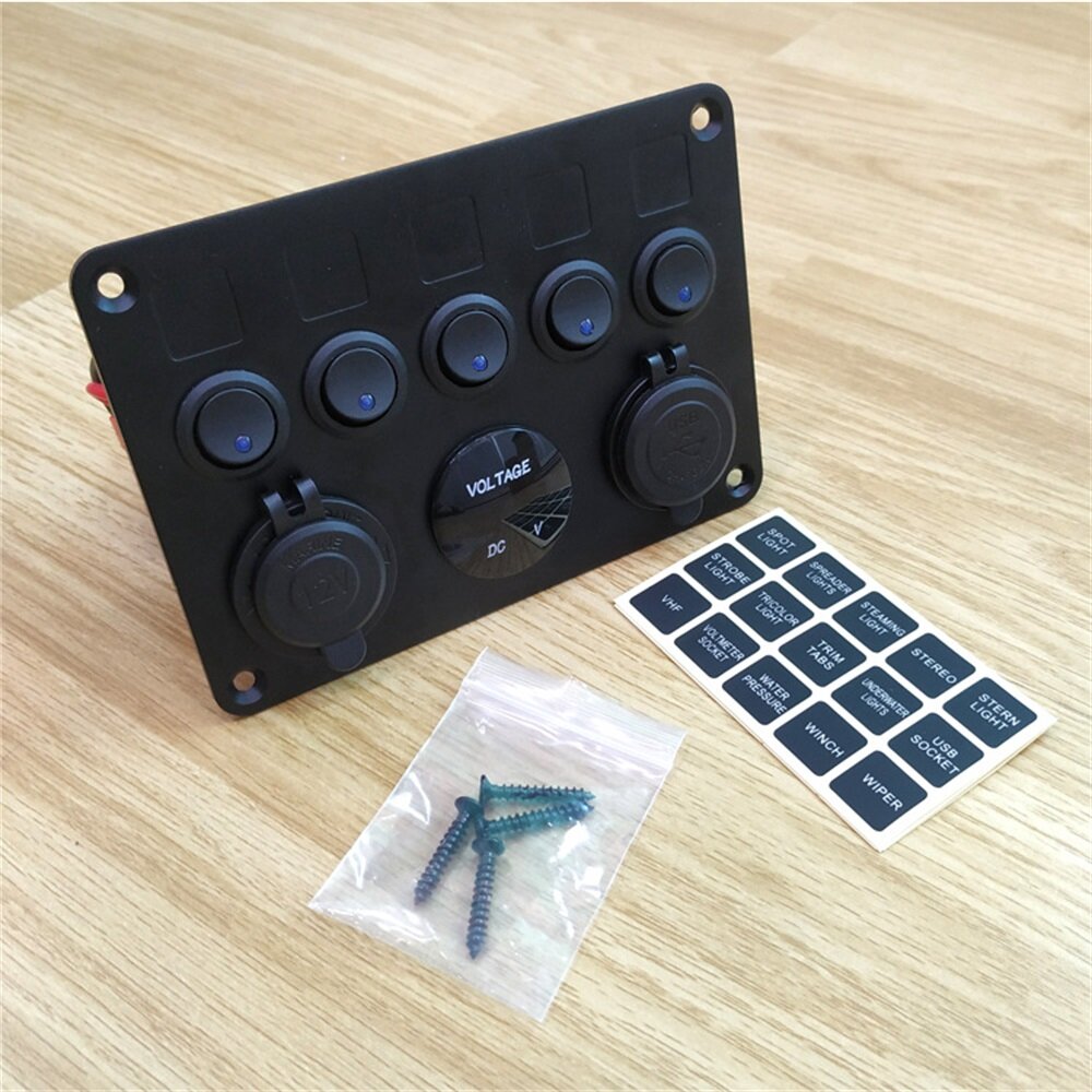 12-24V Universal 5-Gang Rocker Switch Panel with USB Charger, LED Voltmeter, Waterproof for Car, Truck, Boat, Marine