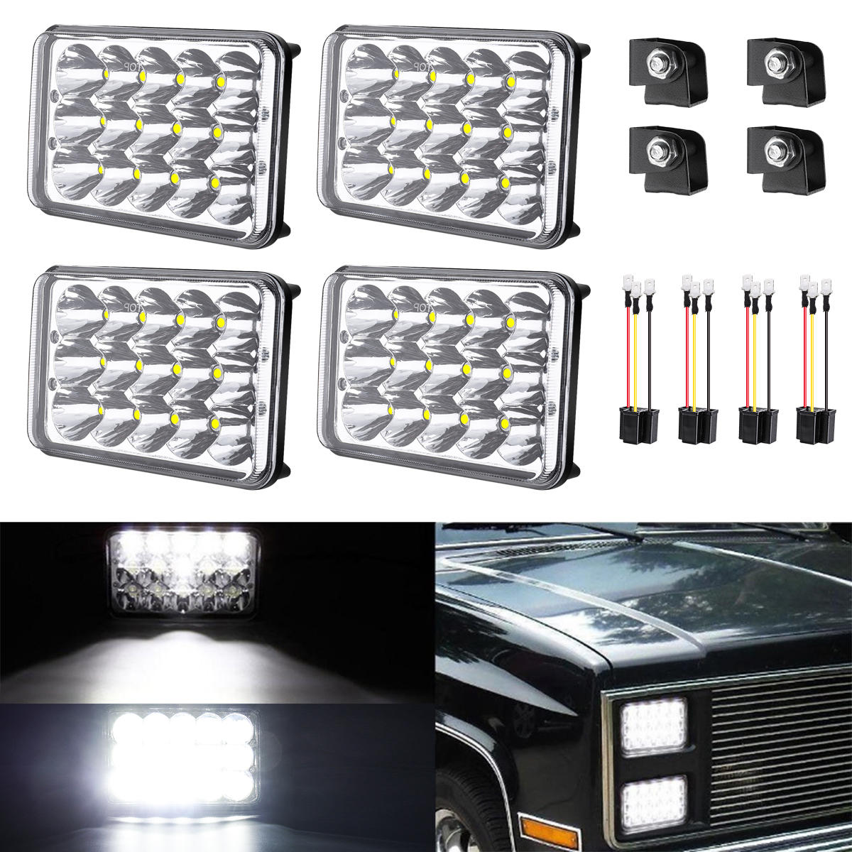 4PCS 4x6" Rectangular LED Headlights Bulbs 12V 6000K White