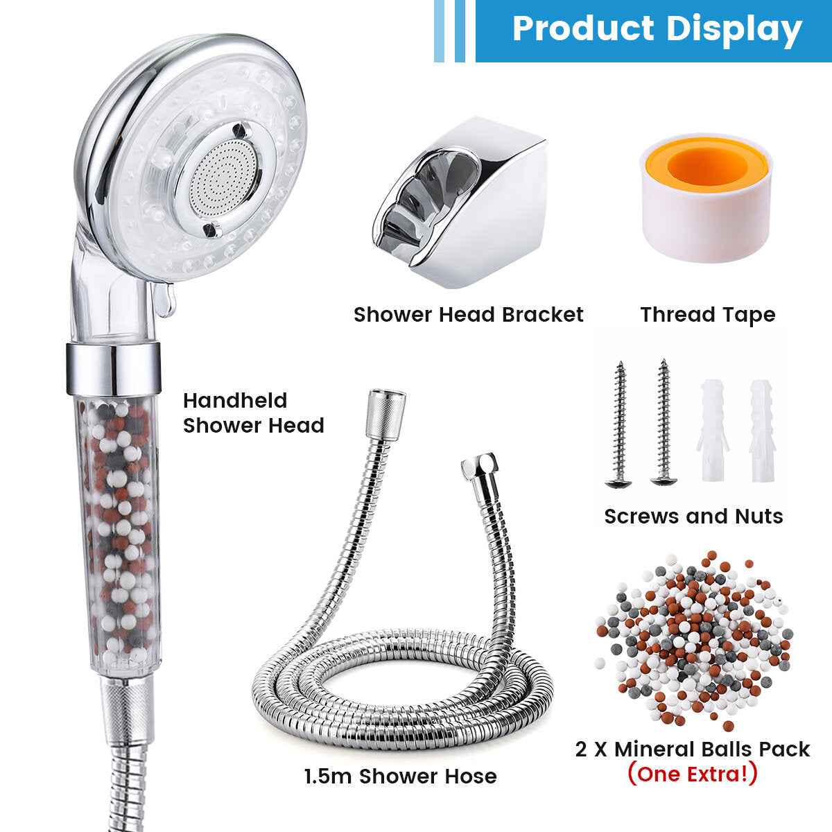 3-Mode Shower Head with Limescale Filter and Ion, Includes Mineral Ball Substitutes