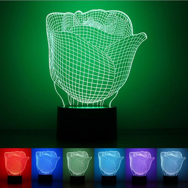 3D Color Changing Rose LED Night Light Lamp - Illuminated Illusion Desk Decor