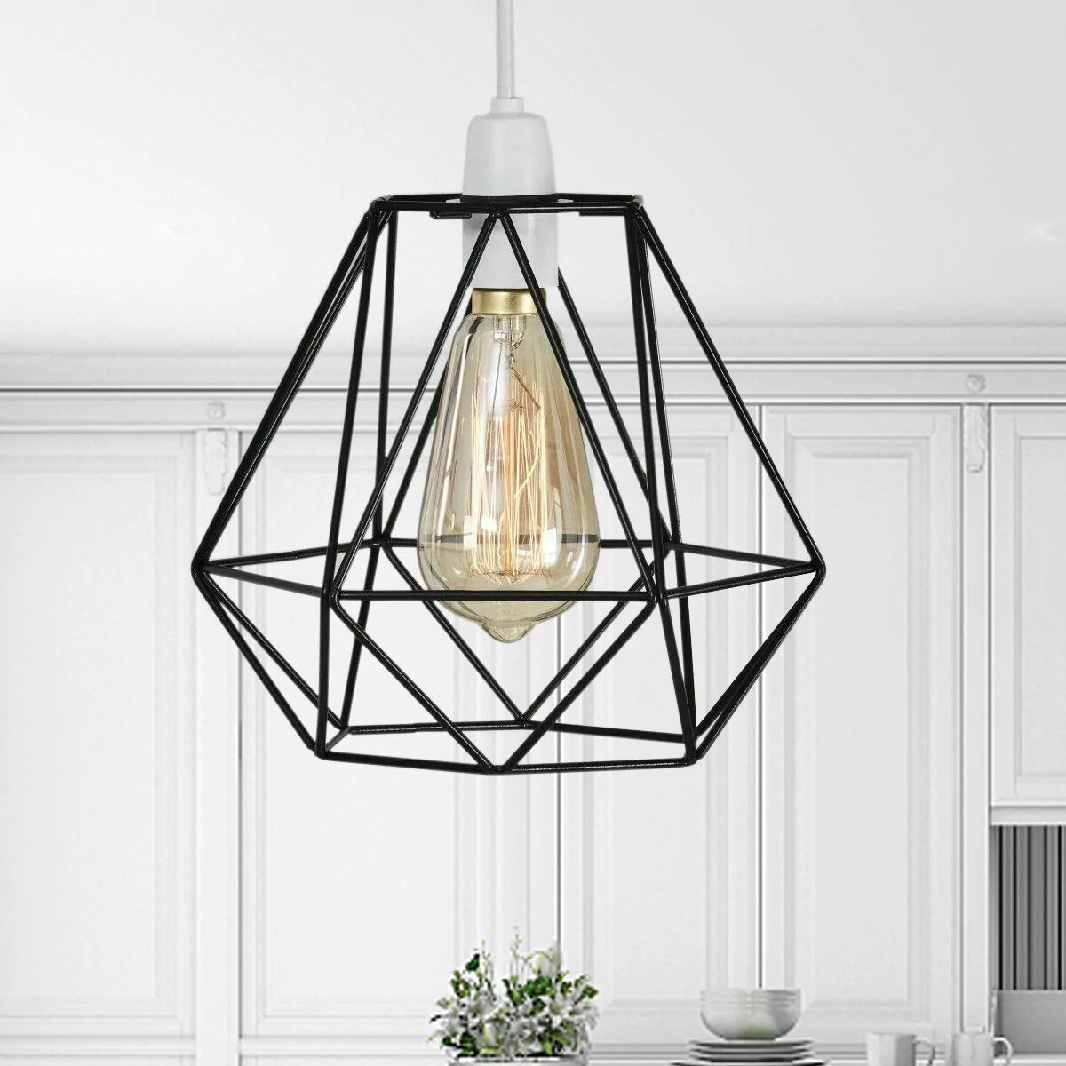 Geometric Wire Ceiling Pendant Light - Metal Cage Lampshade for Kitchen, Dining, Cafe, Bulb Not Included