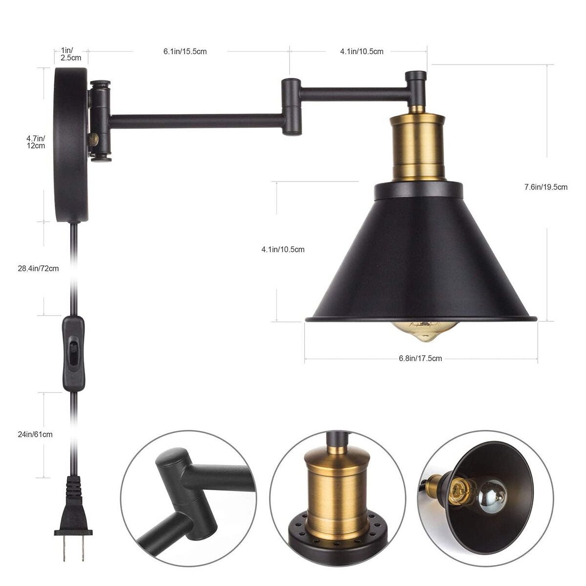 220V Adjustable LED Wall Light Fixture with Lampshade for Dining Room - Bulb Not Included