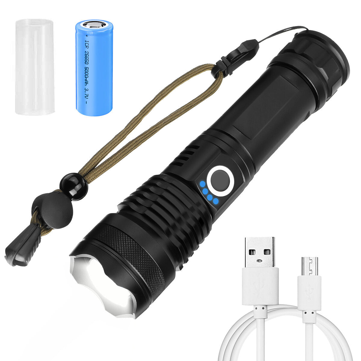 LED Zoomable Flashlight Set with 26650 Battery, USB Cable, Power Display, and Rechargeable Searchlight Torch