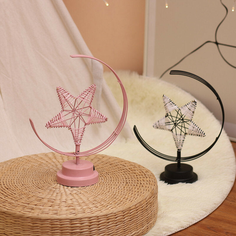 Battery/USB Powered Star Moon Night Light Desk Lamp - Warm Light, Black/Pink, Perfect Birthday Gift