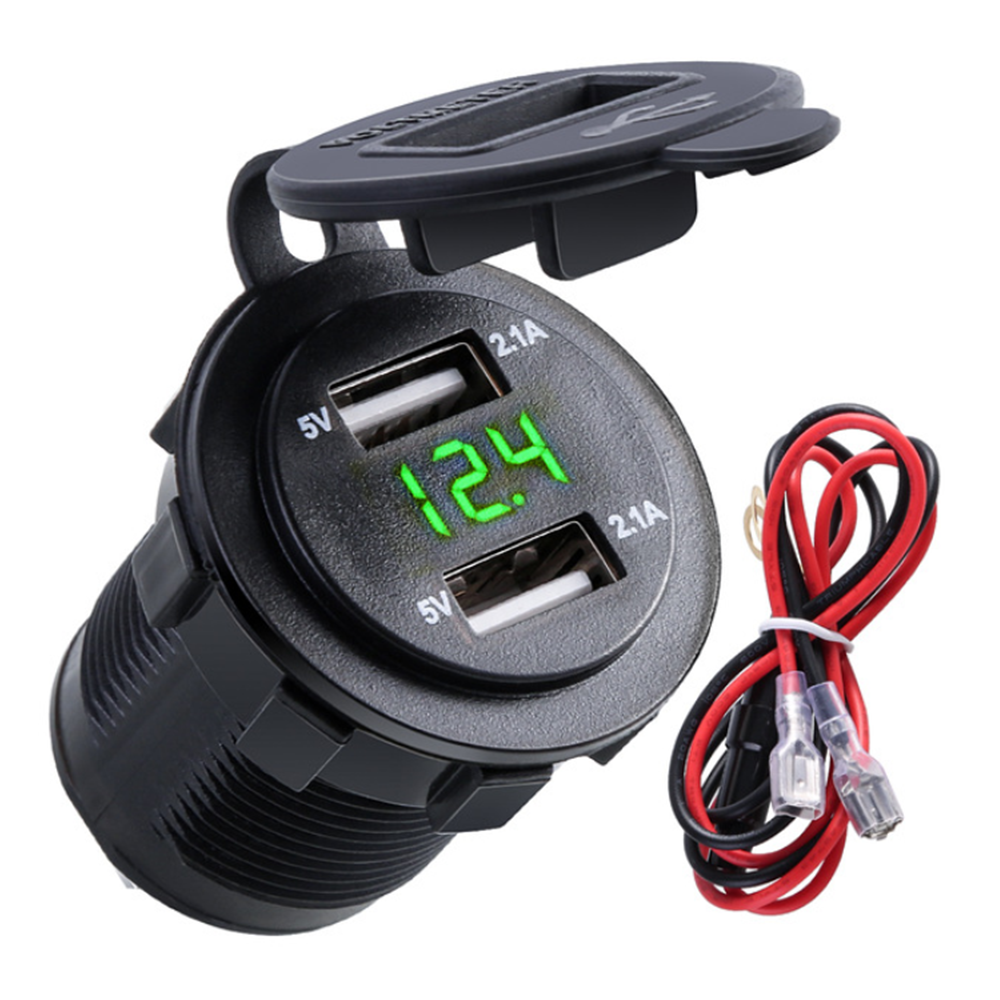 12V-24V Dual USB Charger Socket Adapter with 3.1A Voltage Voltmeter for Motorcycle, Car, Boat, Marine