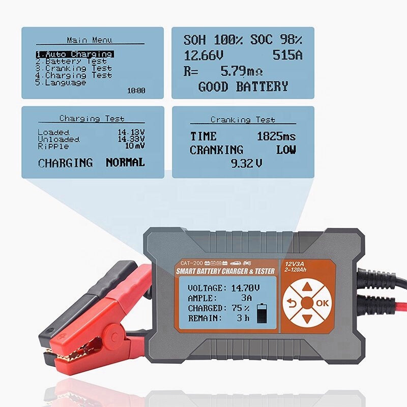 2-in-1 Car Battery Charger & Tester, Smart Automatic LCD Display, 12V 3A Multi-Function Diagnostic Tool, US/AU Plug