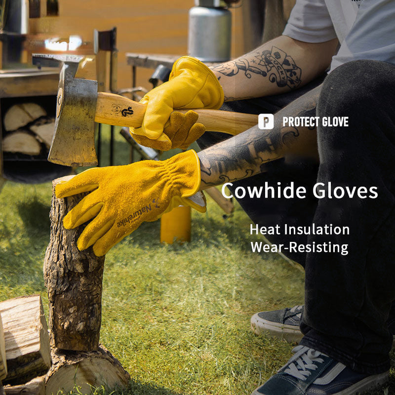 Durable Retro Yellow Cowhide Leather Gloves for Outdoor Work, Camping, and Labor Insurance