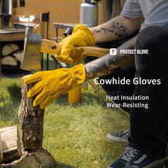 Durable Retro Yellow Cowhide Leather Gloves for Outdoor Work, Camping, and Labor Insurance