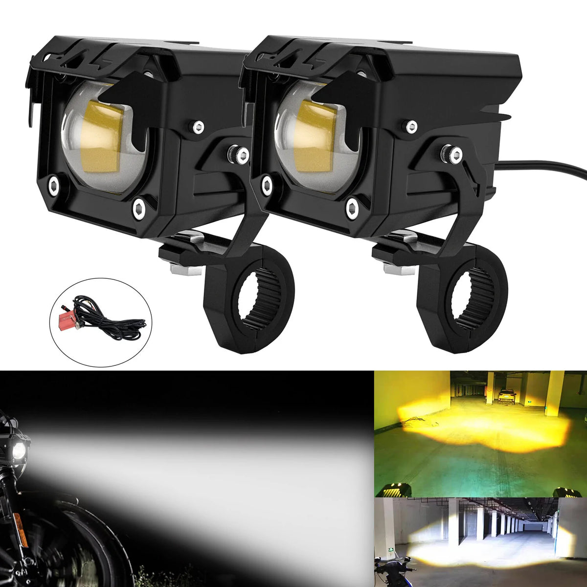2Pcs Motorcycle LED Hi/Lo Beam Strobe Fog Lights - Double Colors, Aluminum Alloy, Safety Driving Spot Lamps
